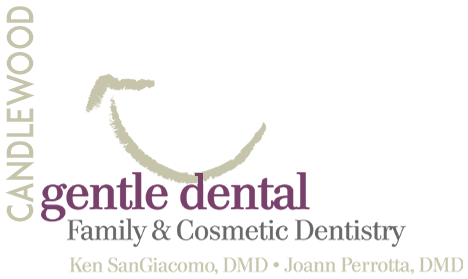 The image displays a logo with text that reads Candlewood Gentle Dental Family Cosmetic Dentistry. It features a stylized design resembling a smile, with the text encircling it, and there s a graphic of a dental implant on the left side.